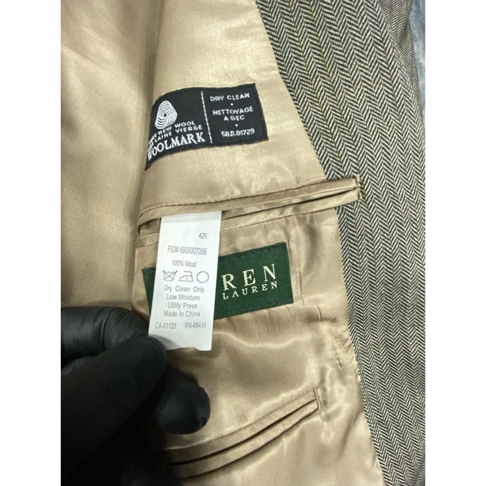 Polo Ralph Lauren Blazer Men‎ 42R Brown Herringbone Wool Jacket Sport Coat Suit